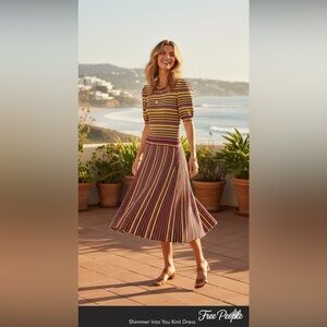 Free People Shimmer Into You Knit Jersey Dress Fit & Flare Puff Sleeve Large